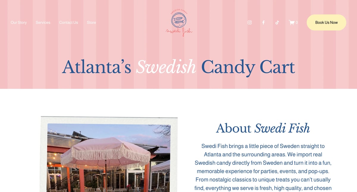 Atlantas Swedish Candy Cart website header with pink striped background and storefront photo