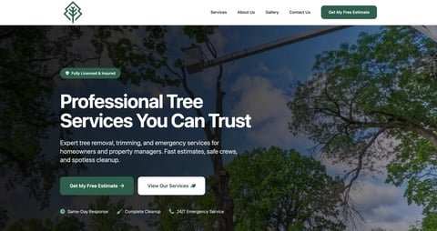 Professional tree services website hero section featuring large tree canopy with blue sky, company heading and call-to-action buttons