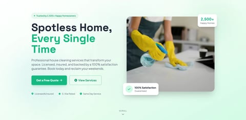 Website banner for house cleaning services with text Spotless Home, Every Single Time and image of person cleaning a surface with yellow gloves