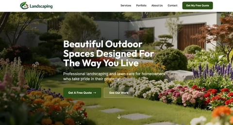 Landscaping company website header showing a lush residential garden with colorful flowers, green lawn, and fence, featuring text about outdoor space design