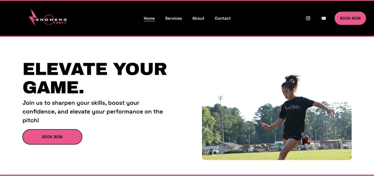 Sports coaching website header with female athlete kicking soccer ball on field and call-to-action text