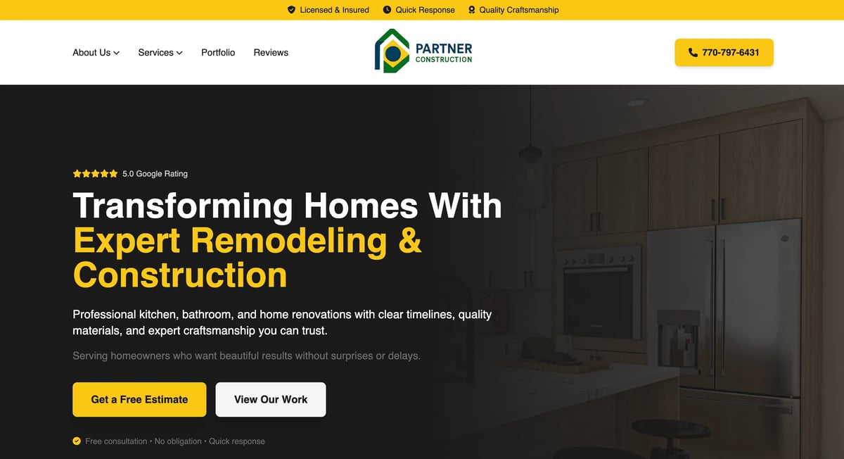 Professional home remodeling company website header with modern kitchen interior and call-to-action buttons