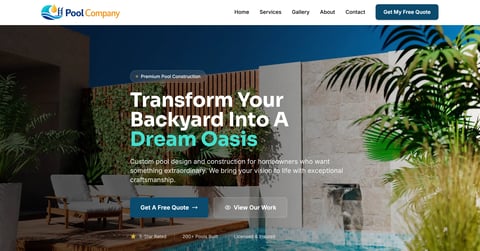 Pool Company website header with modern backyard pool design and palm plants, featuring Transform Your Backyard Into A Dream Oasis headline