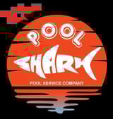 Pool Shark logo featuring a stylized white shark on an orange circular background with text and reflecting water