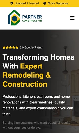 Partner Construction website header showing 5-star rating and messaging about expert home remodeling and construction services